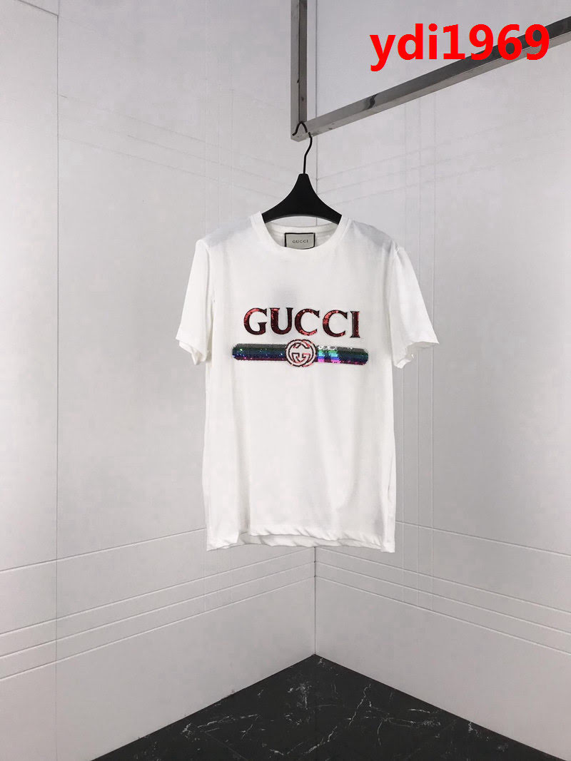 GUCCI古馳 19ss早春新款 燙金亮片LOGO 雙股絲光棉 白色短袖 情侶款 ydi1969