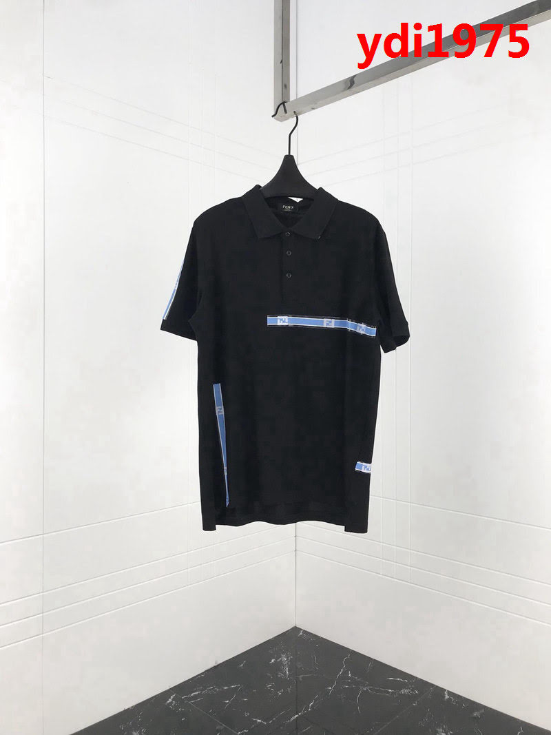 FENDI芬迪  19ss早春新款 粉色豎條FF印花logo 黑色絲光珠地棉 男款Polo衫 ydi1975