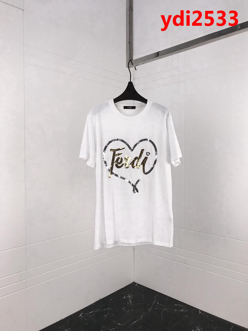 FENDI芬迪 19ss新款 情人節限定款 愛心珠片logo 純棉白色短袖 高版本情侶款 ydi2533