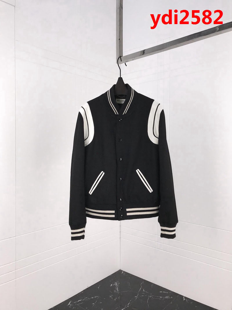 YSL聖羅蘭 升級版棒球服外套 經典回顧 高版本 羊毛呢面料 真皮肩膀拼接 織帶蠟黃對版 情侶款 ydi2582