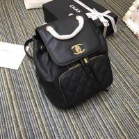 Chanel女包 A93748新款 細顆粒壓花小牛皮雙肩包 香奈兒後背包 Chanel黑色牛皮背包  djc2911