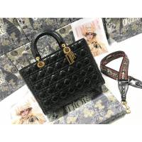 Dior女包 迪奧Lady Dior七格黑色油蠟皮藤格紋褶皺小牛皮戴妃包 Dior手提肩背斜挎包  dfk1825
