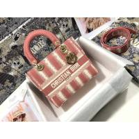 Dior女包 迪奧Lady D-Lite五格刺繡條紋粉色戴妃包 Dior手提肩背斜挎包  dfk1837