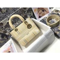 Dior女包 迪奧Lady D-Lite五格刺繡條紋杏色戴妃包 Dior手提肩背斜挎包  dfk1838