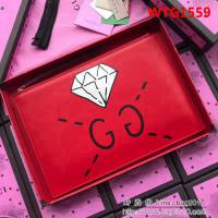 GUCCI古馳 歐洲正品原單 街頭藝術印花 真皮大號手拿包 445597 芙蓉紅全皮 WTG1559