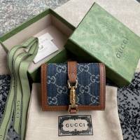 Gucci专柜新款女包,包 古驰jackie 1961丹宁牛仔布折叠钱包 645536  gdj1608