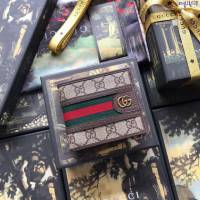 Gucci包 古馳錢包 597606 標誌性圖案與條紋織帶 pvc啡 Gucci錢夾 Gucci短錢包  gudj1025