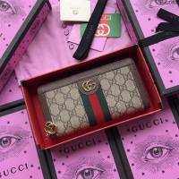 Gucci包 古馳錢包 523154啡pvc Supreme高級人造帆布 條紋織帶 原單Ophidia系列拉鏈錢包  gudj1052