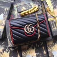 Gucci包 古馳女包 573807黑拼全皮 Marmont迷你鏈條包 Gucci新款全皮單肩斜挎包  gudj1190