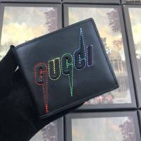 Gucci包 古馳錢包 597674黑皮 Gucci字母精美刺繡圖案 Gucci雙折短皮夾  gudj1255