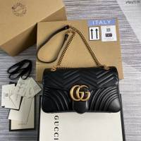 Gucci新款黑色原廠皮包包 古馳GG Marmont系列女包 Gucci鏈條單肩斜挎包 443496  ydg3130