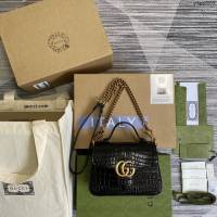 Gucci新款女包 古馳雙G銜縫迷你手提單肩斜挎鏈條包 Gucci鱷魚紋牛皮GG Marmont郵差包系列女包 547260  ydg3203