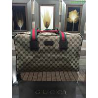 GUCCI 古馳男包 新款 153240 咖色 高級人造帆布 黑色紅色織帶手提 方形包