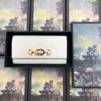 GUCCI古馳錢包 2019新款 Zumi系列 粒面皮革 互扣式G馬銜扣 女款翻蓋長錢包 573612 米白  ydgq3278