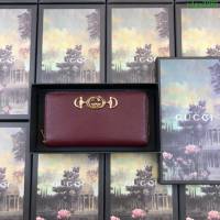 GUCCI古馳錢包 2019新款 Zumi系列 粒面皮革 互扣式G馬銜扣 女款拉鏈長錢包 570661 棗紅  ydgq3285