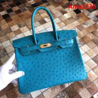 HERMES愛馬仕 鉑金包 Birkin 南非原產KK級鴕鳥皮 頂級工藝 依滋密爾藍 手縫蠟線 手提包  Ama1230