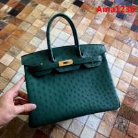 HERMES愛馬仕 鉑金包 Birkin 30 南非原產KK級鴕鳥皮 頂級工藝 叢林綠 手縫蠟線 手提包  Ama1236
