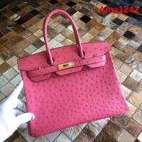 HERMES愛馬仕 鉑金包 Birkin 30 南非原產KK級鴕鳥皮 頂級工藝 櫻花粉 手縫蠟線 手提包  Ama1241