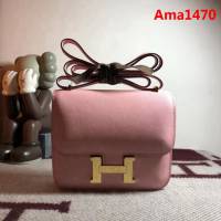 HERMES愛馬仕 空姐包 constance 奶昔粉 EPSOM 18cm 金扣扣 銀扣扣 蠟線縫製 單肩斜挎包  Ama1470