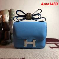 HERMES愛馬仕 空姐包 constance 天空蘭 EPSOM 18cm 銀扣 蠟線縫製 單肩斜挎包  Ama1480