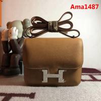 HERMES愛馬仕 空姐包 constance 金扣棕 EPSOM 18cm 銀扣 蠟線縫製 單肩斜挎包  Ama1487