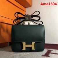 HERMES愛馬仕 空姐包 constance 英國綠 EPSOM 18cm 銀扣 蠟線縫製 單肩斜挎包  Ama1504