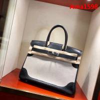 HERMES愛馬仕 鉑金包 Birkin Ghillies 30Cm Swif拼Tc 89 Noir 黑色 銀扣 頂級工藝 手縫蠟線 時尚手提包  Ama1598