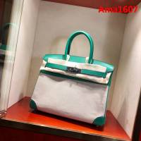 HERMES愛馬仕 鉑金包 Birkin30Cm Swift拼帆布 U4 Vert Vertigo 絲絨綠 銀扣 頂級工藝 手縫蠟線 無敵限量版 古董包  Ama1607