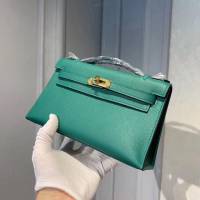 Hermes女包 愛馬仕Kelly pochette一代手包 原廠epsom皮 孔雀綠/金扣 手工蠟線 Hermes手提女包  am1729