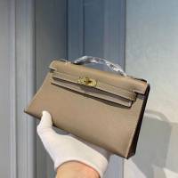 Hermes女包 愛馬仕Kelly pochette一代手包 原廠epsom皮 大象灰/金扣 手工蠟線 Hermes手提女包  am1730