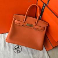 Hermes女包 愛馬仕Birkin Hermes鉑金包 togo小牛皮 橙色 金銀扣 Hermes手提女包  am1829