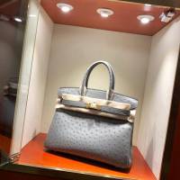 Hermes女包 愛馬仕Birkin30cm Hermes鉑金包 Ostrich鴕鳥皮 全手縫蠟線 19 Mousse慕斯灰  am1894