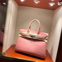 Hermes女包 愛馬仕Birkin30cm Hermes鉑金包 Ostrich鴕鳥皮 全手縫蠟線 94 Terre Cuite陶瓷粉  am1895