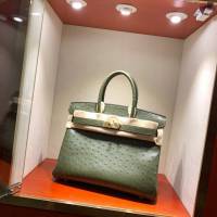 Hermes女包 愛馬仕Birkin30cm Hermes鉑金包 Ostrich鴕鳥皮 全手縫蠟線 67 Vert Fonce深綠色  am1898