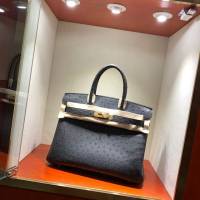 Hermes女包 愛馬仕Birkin30cm Hermes鉑金包 Ostrich鴕鳥皮 全手縫蠟線 19 Mousse慕斯灰  am1902