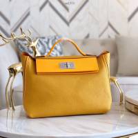 Hermes包包 愛馬仕Hermes Kelly2424 琥珀黃 銀扣 togo小牛皮 半手工制 Hermes休閒女款手提包  am1930