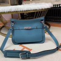 Hermes包包 愛馬仕Jypsiere吉普賽28cm 單肩斜挎愛馬仕包 牛仔藍銀扣  tdh2032