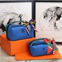 Hermes女包 愛馬仕飯盒包 Trousse Bride-A-Brace Hermes帆布便當包 水妖藍  tdh2161