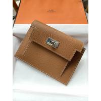 Hermes卡包 愛馬仕原版Kelly Pocket Epsom皮 Hermes新款小錢包 金棕銀扣  tdh2166