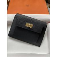 Hermes卡包 愛馬仕原版Kelly Pocket Epsom皮 Hermes新款小錢包 黑金  tdh2168