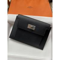 Hermes卡包 愛馬仕原版Kelly Pocket Epsom皮 Hermes新款小錢包 黑銀  tdh2169