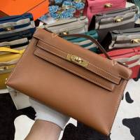 Hermes凱利女包 愛馬仕Minikelly pochette一代 原廠進口swift皮 半手工蠟線 金棕 金銀扣  tdh2261