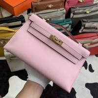 Hermes凱利女包 愛馬仕Minikelly pochette一代 原廠進口swift皮 半手工蠟線 3Q粉 金銀扣  tdh2262