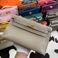 Hermes凱利女包 愛馬仕Minikelly pochette一代 原廠進口swift皮 半手工蠟線 風衣灰 金銀扣  tdh2265