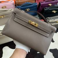 Hermes凱利女包 愛馬仕Minikelly pochette一代 原廠進口swift皮 半手工蠟線 大象灰 金銀扣  tdh2267