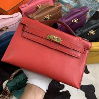 Hermes凱利女包 愛馬仕Minikelly pochette一代 原廠進口swift皮 半手工蠟線 國旗紅 金銀扣  tdh2271