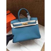 愛馬仕HERMES Birkin 鉑金包 牛仔藍 進口小牛皮 金銀扣 皮質細膩柔軟 時尚女手提包  tdher1130
