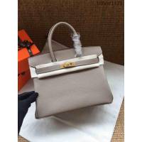 愛馬仕HERMES Birkin 鉑金包 淺灰 進口小牛皮 金銀扣 皮質細膩柔軟 時尚女手提包  tdher1131
