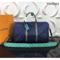 路易威登LV 頂級原單 2018春夏時裝展新品 M43855 KEEPALL45B旅行袋 海藍色Monogram帆布搭配Taiga皮革 可手提肩背包  YDH2362