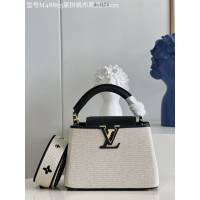 LV專櫃2023新款Capucines迷你手袋 M48865黑拼帆布刺繡 路易威登Capucines搭蓋手提肩背女包 dn1125